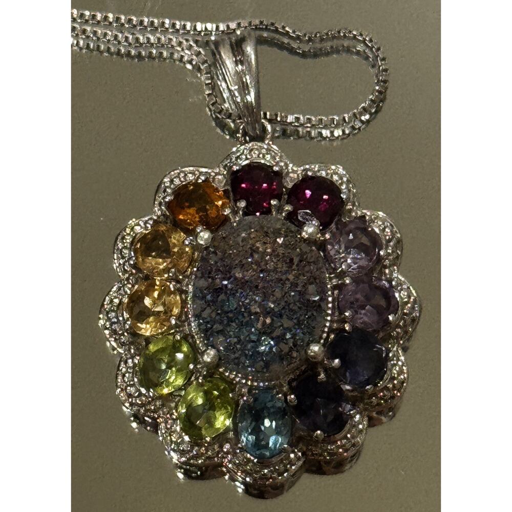 Vintage Victorian 925 Sterling Rainbow Gemstone Druzy Pendant Necklace 18”
